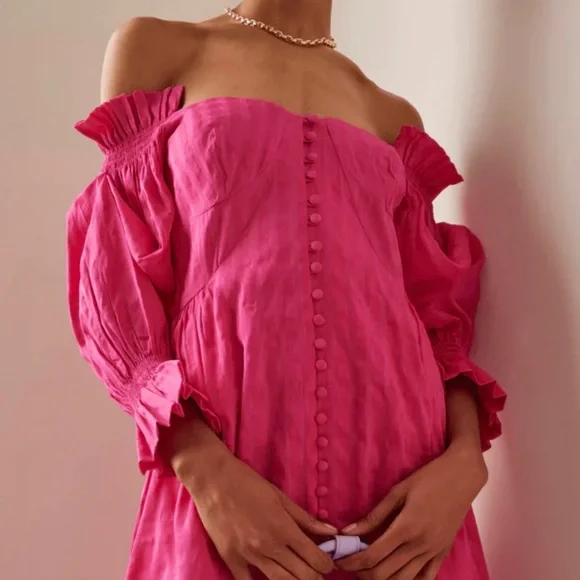 🌺🎉HP🎉🌺 NWT Cult Gaia Simona Off-The-Shoulder Ruffled Midi Dress Dragonfruit - Picture 7 of 16